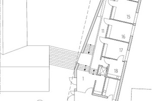  Grundriss Obergeschoss, M 1 : 500	1	Flur	2	Wartebereich	3	Bürgermeister	4	Vorzimmer	5	Geschäftsstellenleiter	6	Bauamt	7	Besprechung/ Sozialraum	8	Teeküche		Ratsaal 