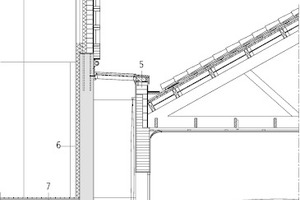  Detailschnitt Südost, Bar und Lobby M 1 : 100	1 	Flachdach, innen Schallschutzplatten	2 	Gitterwerk aus handgefertigten Ziegeln, Haus Palau Sariñena	3 	HEB 160 	4 	Ziegelmauerwerk verputzt, 140 mm	5 	Gitterwerk aus handgefertigten Ziegeln, Haus Palau Sariñena	6 	Rekonstruktion der Fassadenkrönung auf Basis einer Keramiktrennwand (Gesamtdicke: 300 mm)	7 	Steinwolle, 80 mm	8 	Stahlbetonplatte, 300 mm	9 	Eingefärbte Betonoberfläche 