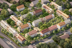  Offizierssiedlung Neubiberg. Masterplanung Allmann Sattler Wappner Architekten 2020. Hier verstehen sich die Architekten als „Ideengeber“, die den Bestand vorsichtig durch Neu- und Zubauten ergänzen. Das Projekt in der Konzeptphase möchte „eine Weiterentwicklung des Quartiers hin zu einem lebhaften urbanen, familienfreundlichen, durchgrünten und nachhaltigen Stück Stadt“ 