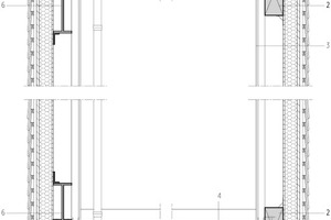  Detailschnitt D1 und D2, M 1 : 50	1	Dachaufbau:		Kies 50 mm		System Retention mit Filtervliesauflage 100 mm		Edelstahlabdeckung		Hartschaumdämmung 120 mm		Dampfsperrbahn, 1 Lage	2	Tragwerk: 		Baubuchefachwerk 240 mm	3	Wandaufbau:		Gipskartonplatten 25 mm		Unterkonstuktion Metallständerwand 75 mm		Toleranz 15 mm		Tragwerk 240 mm		Holzwerkstoffplatte 22 mm		HRB, C24  60/160 mm		Holzfasereinblasdämmung 160 mm		Holzfaserdämmplatte, winddicht, diffusionsoffen 35 mm		Konterlattung 40 mm		Lattung Schindelverkleidung 30 mm	4	Bodenaufbau:		Fußboden		Deckenelement 420 mm, bestehend aus Ober-/ Untergurt, Steg GL 24 dazwischen Zellulosedämmung		Konterlattung 60 mm		Lattung Schindelverkleidung 30 mm	5	Offenes Fallrohr mit Verteilerplatte	6	Tragwerk Stahlfachwerk 240 mm	7	Leiter und Leitersicherung für Flachdächer aus rostfreiem Edelstahl 