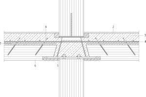  Detailschnitt Decke/Stütze, M 1 : 151 BSH–Stütze2 Teppich3 Aufbeton4 Bewehrung5 Stahlverbundträger6 Brettsperrholzplatte7 Kühl- und Heizschläuche8 HBV-Schubverbinder 