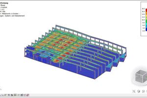  So sieht das Tragwerksmodell in der Software SCIA Engineer aus. Visualisiert sind die 3D-Verformungen der Tragkonstruktion 