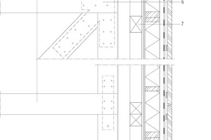  Fassadenschnitt, M 1 : 33,33	1	Dachaufbau: 		Oberflächenschutz Kiesschüttung, 50 mm		Trenn- und Schutzlage,		Gummigranulatmatte, 30mm		Polymerabdichtungsbahn, 2-lagig,		Expandierter Polystyrolschaum, 250 mm		Bitumendampfsperre		Grundierung		Funierschichtplatt Kerto Q		Riegel GL28h, 80/260 mm	2    	Hinterlüftete vertikale Holzlattung, vorvergraut, 60 mm	3    	UK-Holzlattung inkl. Dämmung	4    	Streben Technikzentrale, KVH, 140/140 mm	5    	Aufbau Fachwerkträger:		Funierschichtplatte, Kerto Q 39 mm		Balkenlage, 180/230 mm		Obergurt Baubuche, 260/280 mm		Streben/ Pfosten Baubuche, 260/280 mm		Untergurt Baubuche, 260/280 mm		6    	Schlitzblech 10 mm mit Stabdübel, D=16 mm	7    	Streben Wandaussteifung, Baubuche 160/320 mm8    Wandaufbau:		Lattung vertikal, vorgegraut, 60 mm		Konterlattung horizontal, 25 mm		Konterlattung vertikal, 25 mm		Hinterlüftung, 50 mm		Fassadenbahn, wind- und regendicht		Holzfasserdämmplatte, 60 mm		HRB-Wand inkl. Dämmung, ca. 200 mm		OSB 3/ Agepan, 15 mm		OSB 3, 25 mm		Aussteifungsverband Baubuche, 160/320 mm		Unterkonstruktion		Trockenbauplatte	9	Stütze Baubuche, 260/600 mm	10	Fassadenaufbau:		Sonderdeckschale, ca. 150 mm		Pfosten-Riegel Fassade, 60x200 mm		Dreifachverglasung	11	Befestigung Stütze:		horizontale Feuchtigkeitssperre		Schlitzblech 15 mm, nachträglich vergossen	12	Entwässerungsrinne	13	Tiefbord, belagsgleich	14	Bodenaufbau:		Mineralische Beschichtung,		Stahlbetonbodenplatte, WU-Beton, 300 mm		Polyethylenfolie, 2-lagig 