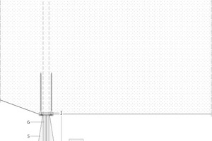  Detail, M 1 : 20↓	1	Kopf Rundgewinde	2	Teilgewinde  ø 6 x 200,		e = 250 mm	3	Querdruckverstärkung	4	Fußplatte ø 140 x 15	5	Steifen		FLA, t = 6 mm	6	Rundgewinde ø 50, S355 zur Lastdurchleitung		Bohrung in Träger ø 53 mm 