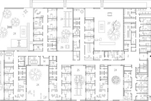  Grundriss; Erdgeschoss, M 1 : 7501    Eingang/ Windfang2    Foyer/ Empfang3    Nachtdienstzimmer4    Dienstzimmer5    Personal-Aufenthalt6    Personalgarderobe7    Einzelzimmer8    Doppelzimmer9    Aufenthaltsraum10    Esszimmer/ Küche11    Dorfwirt (Gemeinschaftsküche)12    Badewannenzimmer13    Multifunktionsraum14    Essbegleitung15    Arbeitsraum unrein16    Stützpunkt Kinder17    Dorfplatz18    Snoezelenraum19    U/ B Notfall20    Besprechung21    Stützpunkt22    U/ B Versorgung23    U/ B Ambulanz24    Wohn- und Spielhof25    Schlafhof26    Therapiegarten27    UbG Hof28    Therapieraum29    Bewegungsraum30    Luftraum31    Azubi-Zimmer32    Sekretariat33    Primar-Zimmer34    Bibliothek 