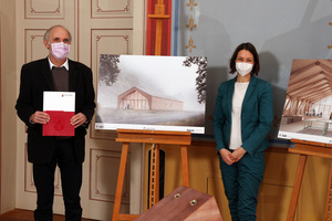  Staatsministerin Anne Spiegel (r.) überreichte den Förderbescheid an Prof. Dr. Arnd Poetzsch-Heffter, Präsident der TU Kaiserslautern 