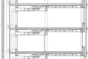  Teil-Schnitt, M 1 : 200Bodenaufbau Büro (Mieterausbau) Teppich:0,5 cm Teppich4,0 cm Hohlboden zur Aufnahme von Teppich11,0 cm Hohlbodenkonstruktion Bodenaufbau (Grundausbau) Anhydrit:6,0 cm AnhydritPE-Folie2,0 cm Trittschalldämmung 12,0 cm Betonelementdecke30,0 cm abgehängte Decke 