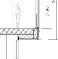  Fassadendetail Innenhof, Schnitt M 1 : 125Fassadenaufbau 1.OG im Bereich Trapezblech: 1 Gipsfaserplatte 15mm, Dampfbremse2 	Holzständer und Dämmung,     wiederverwertete Steinwolle 300mm3 Weichfaserplatte 60mm4 Holzrost vertikal 100mm, 	    Holzrost horizontal 40mm5 Trapezblech 45mm 