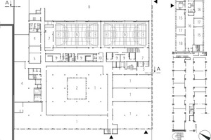  Grundriss 1. Obergeschoss, M 1 : 1 250	1	Atelier	2	Lichthof	3	WC	4	Lager	5	PU-Raum	6	Sporthalle	7	Geräte	8	Boulderhalle	9	Umkleide	10	Sportlehrer	11	Schulleiter	12	Sitzungszimmer	13	Kopierraum	14	Büro	15	Klassenzimmer	16	Aufenthaltszone	17	Gruppenraum	18	Lehrerzimmer 