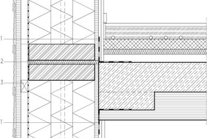  Außenwanddetail M 1 : 15 	1	Dampfbremse luftdicht verklebt	2 	Fuge mit Holzfaserdämmstoff verfüllt	3 	Latte 40/60 mm als Brandsperre alle 2 Geschosse 