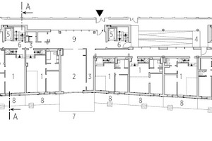  Grundriss Erdgeschoss M 1 : 750	1 	Wohnen		2 	Gemeinschaftsraum	3 	Flur	4 	Zugang Fahrradtiefgarage	5 	Fahrstuhl	6 	Treppenhaus 	7 	Gemeinschaftsgarten	8 	Terrasse	9 	Foyer	10 	Balkon 