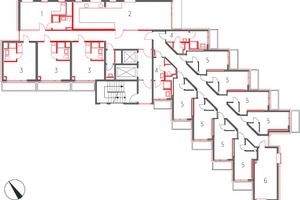  Grundriss 3. OG M 1:400
	1	Apartment Typ B
	2	Teamküche
	3	Apartment Typ A
	4	Gemeintschaftsbad Typ C 5&nbsp;&nbsp; Zimmer Typ C
	6	Zimmer Typ E 