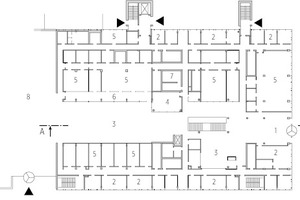  Grundriss Erdgeschoss, M 1 : 1 000	1	Foyer	2	Büros	3 	Atrium	4 	Besprechungsraum	5 	Labor	6 	Auswertezone	7 	Nebenräume	8 	Übergang Foyer CBBM 