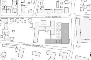  Lageplan, M 1 : 4 000	1	Schule	2	Mensa	3	Bestand 