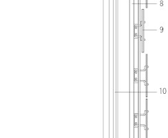  Fassadenschnitt, M 1 : 33,33	1	Aluminiumabdeckblech (Tropfblech), Gefälle 5%	2	Aluminiumtraverse	3	Stahlkonsole	4	Wärmegedämmtes Stahlkastenelement mit Abdichtungs-membran	5	Perforiertes Lochblech oder Edelstahlgewebe als Vogelschutz	6	Trägerglasplatte („Mother-Plate“) auf Aluminiumrahmen fixiert vor Deckenplatte	7	Motorisierter Stoffstoren-Kasten	8	Vertikales Aluminiumrahmenprofil	9	Trägerglasplatte auf Aluminiumrahmen fixiert	10	Aneinander gereihte Aluminium-Drehschwenkflügel	11	Geländerstange Stahlrohr Ø 35 mm in 1 m Höhe	12	Geländerstange Stahlrohr Ø 20 mm in 0,5 m Höhe 