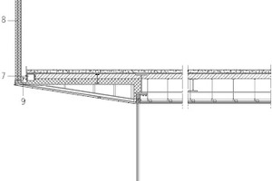  Fassadenschnitt, M 1 : 125	1	Stahlrohr, lackiert	2	Fenstersystem	3	Terrassenentwässerung	4	Absturzsicherung, 19 mm Glas, laminiert	5	Aluminiumabdeckung, lackiert	6	Deckenaufbau Terrasse		Betonpflaster auf Sockel DämmungDrainagematteAbdichtungBetonestrich mit GefälleBetonplatte	7	Stahlträger	8	Profilglas mit transluzenter Glasfaser-Dämmung 	9	Linear LED	10	Rahmenloses Fenstersystem 