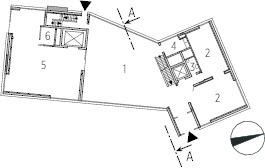  Grundriss Erdgeschoss, M 1 : 1 000	1	Forum	2	Galerie	3	WC	4	Küche	5	Skulptur	6	Hausverwaltung	7	Gemeinschaftsraum	8	Studio für Drucke	9	Malerei	10	Drucke/ Dunkelkammer	11	Design Studio	12	Holzarbeiten	13	Malen	14	Lager	15	Kino 