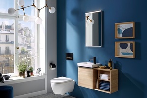  Die Kombination aus schwarzer Betätigungsplatte Geberit Sigma50 mit Designtasten aus Messing sorgen für ein elegantes Ambiente im Bad. 