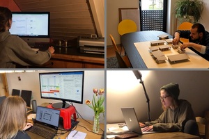  Gemeinsam an einem Tisch konnten die Architekturstudierenden Katy Guth, Niclas Peter, Rowina Perner und Karlie Wasser (von links oben nach rechts unten) leider nicht arbeiten. Die Entwürfe haben sie eigenständig im Homeoffice bearbeitet 