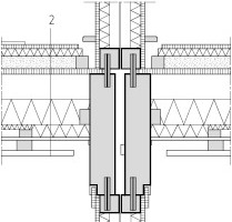  Quer- und Längsdetailschnitt, M 1 : 25	1	Dachaufbau: 		Flachdachabdichtung		OSB, 22 mm 		Mineralische Dämmung, 50 mm 		Dampfsperre 		Lattung, 30/50 mm 		GFK –Feuerschutzplatte, 20 mm 		Konterlattung, 40/60 mm 		Lattung, 30/50 mm	2 	Deckenaufbau: 		Linoleum 		Spanplatte, 16 mm, ohne Nut und Feder 		Trittschalldämmung 30/31 mm 		Splittschüttung, ca. 80 kg/m² 		Traglatte 50/30 mm 		OSB, 22 mm 		Mineralische Dämmung, 100 mm 		Mineralische Dämmung, 50 mm 		GFK –Feuerschutzplatte, 12,5 mm 		Konterlattung, 40/60 mm 		Lattung, 30/50 mm	3 	Bodenaufbau: 		Linoleum 		Spanplatte, 16 mm, ohne Nut und Feder 		Trittschalldämmung 20/21 mm 		OSB, 22 mm 		Mineralische Dämmung, 220 mm		Hydropaneel, 12,5 mm	4 	Wandaufbau, d=255 mm: 		OSB, geschliffen und gestrichen, 15 mm 		Mineralische Dämmung, 40 mm 		Stiel KVH, 60/120 mm 		Zwischenraum, 5 mm 		Stiel KVH, 60/100 mm 		Mineralische Dämmung, 40 mm 		OSB, geschliffen und gestrichen, 15 mm	5 	Wandaufbau, d=195 mm: 		OSB, geschliffen und gestrichen, 15 mm 		Mineralische Dämmung, 40 mm 		Stiel KVH, 60/80 mm 		Zwischenraum, 5 mm 		Stiel KVH, 60/80 mm 		Mineralische Dämmung, 40 mm 		OSB, geschliffen und gestrichen, 15 mm 