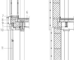  Aufstockung Vertikalschnitte, M 1 : 100	1 	Konsole aus Rest-Sekundärträger	2 	Sekundärträger IPE300	3 	Primärträger IPE450	4 	Lamellenstoren	5 	Kastenfenster	6 	Bodenaufbau: Holzboden, Trittschalldämmung, Beton 14 cm, Trapezblech, Strahlstruktur	7 	Kondensatrinne	8 	Holzschwelle 14x 12 cm    9 Brandriegel Steinwolle   	10 Schiftplatten Stahlstruktur	11	Aluminiumfenster	12	Fensterbrett Fichte massiv	13	Fenstersims Aluminiumblech roh	14	Wandaufbau:		Bestehende Backsteinwand		Isofloc, Dampfbremse,		Heraklitplatte	15	Holzständer 44 x 360	16	Fensterlaibung Fichte massiv	17	Fensterlaibung Aluminiumblech roh	18	Wandaufbau: 		Aluminium Trapezblech 4 cm,	 	Holzlatten 4 cm, 		Hinterlüftung 12 cm, 		Gipsfaser-Platte 15 mm, 		Strohballen 36 cm, 		Lehmputz 4-6 cm 