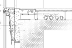  Detail Elementfassade, M 1 : 17,5	1	Stahlkonsole	2	Thermarock 100	3	Fixrock 035, 140 mm	4	Stahlblech, 2 mm und PROMATECT-L, 25 mm, 2-lagig	5	Elementstoß (Rahmenkonstruktion)	6	VSG und ESG-H	7	Bodenprofil, Alu-Strangpressprofil	8	Stahlwinkel, 3 mm	9	Blendschutzkasten 