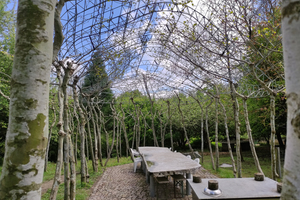  Ferdinand Ludwig, Professor für Green Technologies in Landscape Architecture, und sein Team bauen mit lebenden Werkstoffen einen Pavillon, der als Sommerküche genutzt werden soll. Bäume bilden die Stüzen des Daches  