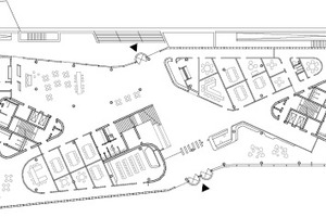  Grundriss Erdgeschoss, M 1 : 1 000 		Öffentlich zugänglicher Bereich		Werksgelände	1	Haupteingang	2	Empfang	3	Foyer	4	Besprechungsräume	5	Idea-Lab	6	Cafè	7	Konferenzbereich	8	Eingang 