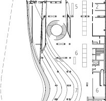  Grundriss 1. Obergeschoss, M 1 : 1 250	1	Lernraum	2	Gruppenräume	3	Studios	4	Spielräume	5	Arbeiten	6	Urban Workshops	7	Sitzstufen	8	Individuelle Arbeitsräume	9	Veranstaltungsraum	10	Lesesaal 