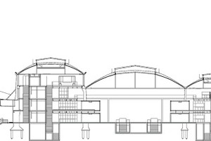  Querschnitt, M 1: 1000	1	Garderobe	2	Zentrale Poststelle und Multifunktionsbereich	3	Küche	4	Besprechungsraum	5	Informelle Besprechungsräume	6	WC	7	Technikraum 