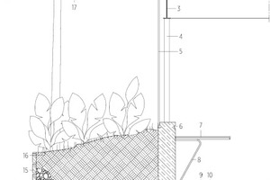  Detail, M 1 : 50 		1	Foliengeschütze Dämmung, Folienimprägnierung, RAL 1023	2	Decke Brettsperrholz	3	Stahlträger	4	Stahlstütze	5	Scheibenelement Acryl, 20 mm	6	LED-Streifen	7	Schreibtisch, Corian-Oberfläche (12 mm) auf Sperrholz	8	Bewehrungsstahl d = 24 mm	9	Polyurethanharz	10	Vorhandene Bodenplatte (Decke Tiefgarage)	11	Betonwand	12	Erdreich	13	Entwässerung	14	Betongehweg	15	Abschluss Pflanztrog aus Holz	16	Substrat	17	Abdeckbrett mit Tropfleiste 