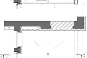  Detail Balkonerweiterung, M 1:50↓	1	Oberbelag Boden und Sockel: Triflex	2	VK WDVS	3	OK Bodenaufbau neu, Parkett/Fliesen	4	OK Bodenaufbau Bestand	5	Winkelstützblech, trittfest	6	Konsole	7	Geländer Stahl feuerverzinkt, Handlauf Rundrohr	8	Zinkabdeckung	9	Filzputz, weiß	10	Betonfertigteil, 14 cm	11	Kratzputz, weiß	12	Anputzleiste	13	Notüberlauf, DN 50	14	UK UZ gedämmte Loggia Risalit Mitte	15	Unterkonstruktion 1,25 cm Fermacell-Platte, Filzputz	16	Dämmstreifen	17	Abkofferung, raumhoch 