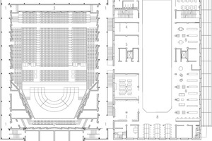  Grundriss 1. OG, M 1 : 750	1	Foyer Philharmonie	2	Chorbalkon	3	Tonregie / Lichtregie	4	Tonstudio	5	Vorbereitung Aspekte	6	Unterricht Werken	7	Chorprobe / Kulturvermittlung	8	Bibliothek / Mediathek 