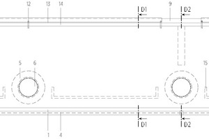  Detail Fertigteil Balkon Aufsicht, M 1:50	1	Rinne Entwässerung	2	Stahlbeton-Fertigteil	3	C-Profil	4	Tropfkante	5	Stütze	6	Stützenkopf	7	Aussparung in Laubengangplatte	8	Trennwand	9	Isokorb	10	Sturz	11	Auflagerfläche C-Profil	12	Entwässerungsrohr	13	Vertiefung Entwässerung	14	Aufkantung	15	Befestigung Absturzsicherung 