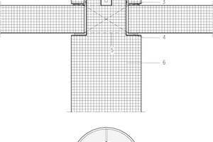  Detail Stütze Laubengang, M 1 : 25	1	Mörtelbett	2	Abdichtung	3	Kompriband	4	Gummischlauch im Mörtelbett zum Abfließen von Kondenswasser	5	Aussparung in Laubengangplatte	6	Betonstütze 