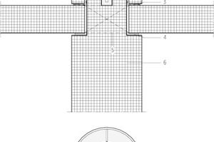  Detail Stütze Laubengang, M 1 : 25	1	Mörtelbett	2	Abdichtung	3	Kompriband	4	Gummischlauch im Mörtelbett zum Abfließen von Kondenswasser	5	Aussparung in Laubengangplatte	6	Betonstütze 