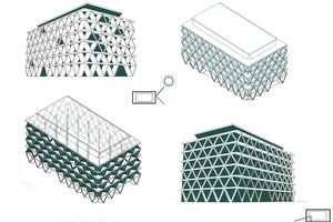  Piktogramme Fassadenentwicklung (im Uhrzeigersinn von oben rechts): Prallscheiben, Durchsicht, Holztragwerk, Sonnenschutz 