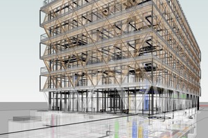  BIM Modell – 3D-Perspektive im Ghostmodus zur Visualisierung und Verortung des Tragwerks und der TGA im Modell 