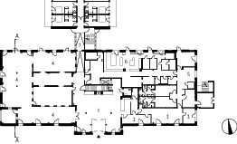  Altbau Erdgeschoss, M 1 : 750	1	Eingangshalle	2	Backoffice	3	Büro	4	Gastraum	5	Anlieferung	6	Küche	7	Zwischenbau 