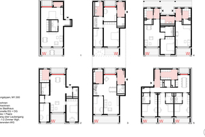  Wohnungstypen M 1 : 300	1	Loftwohnen	2	Durchwohnen	3	Neues Stadthaus Maisonette EG + OG	4	Singles + Paare		Eingang über Laubengang für je 1-2 Zimmer Wgh.	5	Studierenden-WG 