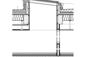  Detailschnitt Dachaufbau, M 1 : 33	1	Dachaufbau		(von außen nach innen)		10 mm zweilagige bituminöse Abdichtung		80 – 230 mm Gefälledämmung		mit mind. 2 % Gefälle, WLG 035, R ≥ 2,286 m²K/W		4 mm Notabdichtung		22 mm OSB Holzwerkstoffplatte		240 mm Zwischensparrendämmung, WLG 035		0,2 mm Fefuchtevariable Klimamembran, als		Luftdichtigkeitsebene, sd ≥ 3m bei 45 % rel.		Luftfeuchte, 1,5 m sd ≤ 2,5m bei 70 % rel. Luftfeuchte		2 x 12,5 mm GK als biegeweiche Abhangdecke, nach		DIN 4109 auf Konterlattung		12,5 mm gelochte Akustik-Abhangdecke, 1-fach		beplankt, Cleaneo 8/18 vlieskaschiert MF ≥ 20mm 