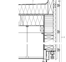  Detailschnitt Attika, M 1 : 20	1	Dachaufbau		(von außen nach innen)		10 mm zweilagige bituminöse Abdichtung		80 – 230 mm Gefälledämmung mit mind. 2 % Gefälle, WLG 035		4 mm Notabdichtung		22 mm OSB Holzwerkstoffplatte		240 mm Zwischensparrendämmung, WLG 035		0,2 mm feuchtevariable Klimamembran als Luftdichtigkeitsebene		2 x 12,5 mm GK als biegeweiche Abhangdecke, nach DIN 4109 auf Konterlattung		12,5 mm 1-fach beplankte Abhangdecke GK, akustisch wirksam	2	Wandaufbau		(von innen nach außen)		12,5 mm Gipskartonplatte, Fugen dampfdicht versperrt		15 mm OSB Holzwerkstoffplatte		200/120 mm Holzrähm, KVH (mineralische Dämmung WLG035)		60 mm diffusionsoffene Holzweichfaserdämmung WLG 055		Fassadenbahn schwarz – „Stamisol FA 2 Tape“		2 x 40/60 mm Holz-UK Konter-/Traglattg., Z-Profile, schwarz		Verschraubung unter 45 ° nach statischer Bemessung AN Ausformulierung UK vor		Fensteröffnungen ledigl. Traglattg.  nach statischer Bemessung AN		40/40 mm Holzlamelle (Lärche) auf 40 mm Fuge 