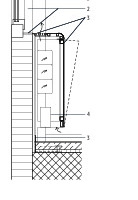  Detailschnitt Heizkörperverkleidung, M 1 : 20	1	Fassadenschwert, 50 mm	2	Feinputz auf Beton	3	Aluminium	4	Konvektor 