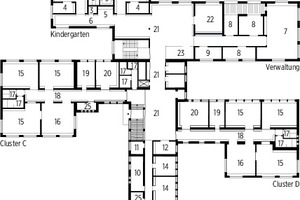  Grundriss Obergeschoss, M 1 : 1 000Kindergarten	1	Gruppenraum	2	Ausweichraum	3	Sanitär	4	Büro/Besprechung	5	Küche	6	Garderobe Verwaltung	7	Begegnungsraum	8	Büros Direktion/ Leitung	9	Sekretariat Kinderbetreuung	10	Therapie	11	Wickelraum	12	Büro/Besprechung	13	Musikraum	14	Ruheraum Volksschule	15	Gruppenraum	16	Forum	17	Sanitär	18	Garderobe	19	Projektraum	20	Büro/Besprechung Gemeinschaft	21	Marktplatz 	22	Bewegungsraum	23	Kopierinsel/ Küche	24	Förderraum Versorgung	25	Lager/Technik 