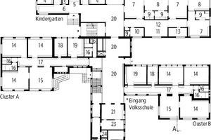  Grundriss Erdgeschoss, M 1 : 1 000Kindergarten1 Gruppenraum2 Ausweichraum3 Sanitär4 Büro/Besprechung5 Küche6 Garderobe Kinderbetreuung7 Gruppenraum8 Ausweichraum9 Sanitär10 Büro/Besprechung11 Küche12 Garderobe13 Ruheraum Volksschule14 Gruppenraum15 Forum16 Sanitär17 Garderobe 18 projektraum19 Büro/Besprechung Gemeinschaft20 Marktplatz21 Elterncafe Versorgung22 Wohnung Hausmeister 23 Küche24 Lager/Technik 