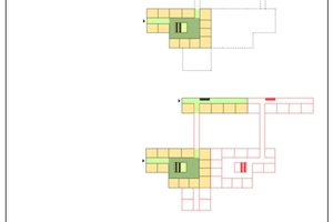 Abb. 4: Schematische Darstellung einer Makro-Hybridisierung: Kombination aus zwei Grundformen (Schule mit überdachtem Eingangsraum/-halle und Korridorschule) und Entstehung einer hybriden Atriumschule  