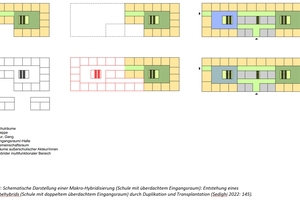  Abb. 3: Schematische Darstellung einer Makro-Hybridisierung (Schule mit überdachtem Eingangsraum): Entstehung eines Gewebehybrids (Schule mit doppeltem überdachtem Eingangsraum) durch Duplikation und Transplantation 