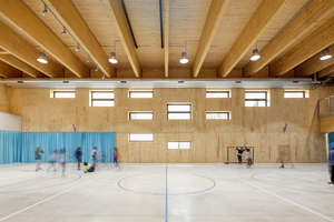  Solarkamine begünstigen einen ­automatischen Luftwechsel in der ­großen Turn- bzw. Mehrzweckhalle, die von 17 m langen Holzunterzügen überspannt wird 