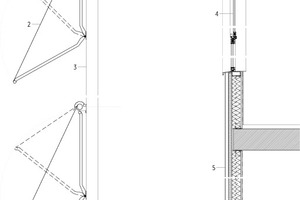  Fassadenschnitt, M 1:50↓	1	Dachaufbau:		Porenbeton		Dränagevlies		wasserundurchlässige Membran		Stahlbeton 50 mm		belüfteter Hohlraum mit Kunststoffprofilen		Dämmung XPS 120 mm		Dampfsperre		Gefälleschicht		Stahlbeton	2	ausfahrbare Markise	3	feuerverzinkter Stahlpfosten	4	2-Scheiben-Wärmeschutzverglasung Ug &lt; 1,00 W/m2K, g &lt; 0,35, LT &gt; 70 % in Aluminium-Schieberahmen	5	Fassadenaufbau:		Holzzementplatte		Luftraum		Sandwich-Paneel mit Dämmstoffkern aus Mineralwolle 60 mm,		feuerverzinkter Stahlrahmen, 120 x 60 x 4 mm mit Mineralwolledämmung 120 mm		2 x 12,5 mm Gipskartonplatte	6	Terrassenaufbau:		thermisch modifizierte Holzbohlen mit Lattung		Stellfüße aus Kunststoff		wasserundurchlässige Membran		Gefälleschicht		Stahlbeton	7	Bodenaufbau:		Linoleum 		bewehrter Leichtbeton		Trennfolie		Dämmung XPS 80 mm		Stahlbeton 