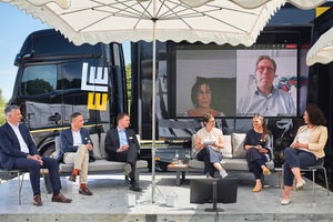  Die Podiumsdiskussion zur Transformation des Bauens (v.l.): Prof. Dr. Robert Schmitt, WZL der RWTH, Jörn Weichsel, LEONHARD WEISS, Johannes Bröhl, MHKBG, Moderatorin Eva Maria Herrmann, Helga Kühnhenrich, BBSR, und Prof. Dr. Sigrid Brell-Cokcan, Individualisierte Bauproduktion der RWTH; über den Bildschirm zugeschaltet: Valérie David, EIFFAGE und Jürgen Raschendorfer, PORR AG 